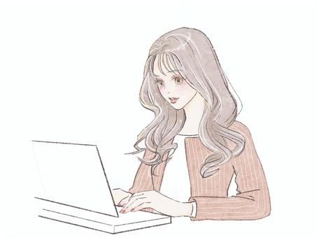 PC作業をする女性(ピンク) オフィスレディ,ビジネスウーマン,キャリアウーマン,ビジネス,社会人,派遣,オフィス,オフィスカジュアル,会社員,ビジネスカジュアルのイラスト素材