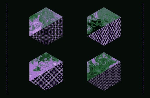 紫緑マーブルの和柄ヘキサゴン 和柄,ヘキサゴン,六角形,エレメント,模様,和,日本,麻の葉,青海波,七宝のイラスト素材