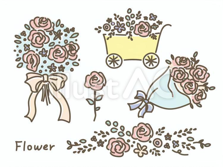 手描き線画かわいいお花イラストセット 花,花束,ブーケのイラスト素材