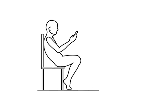 座面ギリギリに座り膝を畳みスマホを見る人 座面ギリギリに座り膝を畳みスマホを見る人 座位,スマホ,悪姿勢,骨盤後傾,横向き,線画,白黒のイラスト素材