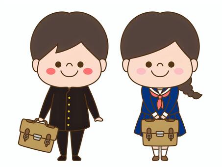 学校人物イラスト＜学ラン・セーラー服＞ 制服,学ラン,セーラー服,学校,冬服,鞄,学生,生徒,中学校,高校のイラスト素材