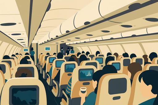 旅の始まり 快適な機内でのひととき 旅の始まり 快適な機内でのひととき 飛行機,機内,エコノミークラス,座席,客席,乗客,長距離,フライト,海外旅行,旅行のイラスト素材