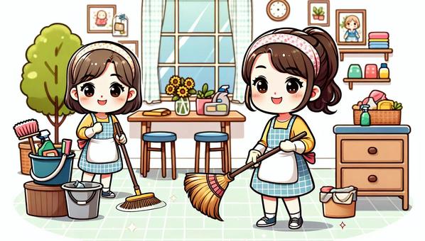 Illustration, female, woman, clean up, 