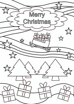 クリスマス塗り絵４　A4サイズ クリスマス,塗り絵,かわいい,ソリ,プレゼント,星,幼稚園,保育園,児童センター,木のイラスト素材