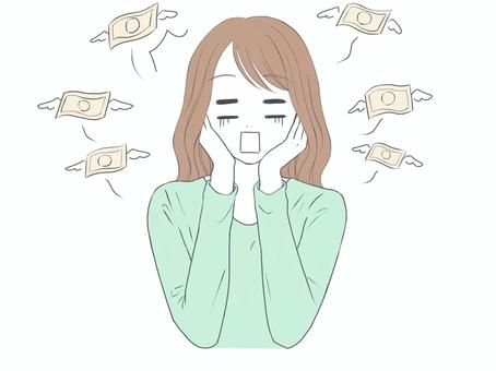 出費にショックを受ける女性 出費にショックを受ける女性 お金,飛ぶ,困る,消費,女性,出費,生活費,物価,高い,お札のイラスト素材