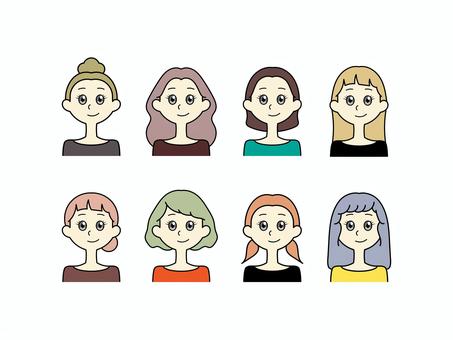 いろいろなビジュアルの女の子 おしゃれ,生活,セット,女の子,女性,お団子ヘア,ロングヘア,ボブヘア,ぱっつん前髪,パーマヘアのイラスト素材