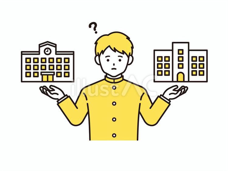 進路先を比べる男子学生A（黄色） 学生,進路,進学のイラスト素材