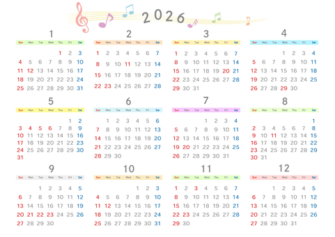 2026年の年間カレンダー　音符 年間,カレンダー,2026,令和8年,年間カレンダー,1月はじまり,日曜はじまり,a4,暦,スケジュールのイラスト素材