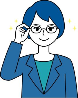 自慢げに眼鏡をくいっとするスーツの女性 女性,眼鏡,メガネ,スーツ,笑顔,キラキラ,自信満々,わくわく,発見,見つけるのイラスト素材