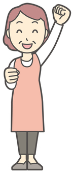  えいえいおーと手を高く上げるおばさん ガッツ,女性,人,人物,主婦,中年,シニア,エプロン,ママ,お母さんのイラスト素材