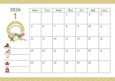 2026カレンダー/01はがきサイズ カレンダー,2026年,令和8年,1月,マンスリー,卓上,月曜始まり,スケジュール,暦,リースのイラスト素材