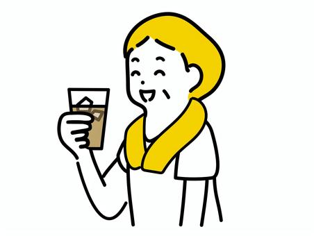 汗拭きタオルを首に巻いて麦茶を飲む女性 お茶,麦茶,熱中症,夏,飲む,予防,女性,タオル,健康,シニアのイラスト素材