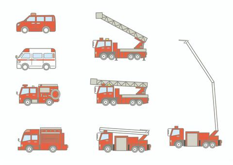 消防車両のアイコンセット 消防署,消防車,ポンプ車,はしご車,高所放水車,レスキュー車,救急車,緊急車両,アイコン,イラストのイラスト素材