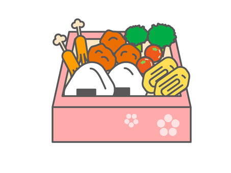 お弁当のイラスト・アイコン01 食品,お弁当,ランチボックス,おにぎり,たこさんウインナー,唐揚げ,ブロッコリー,卵焼き,ミニトマト,花のイラスト素材