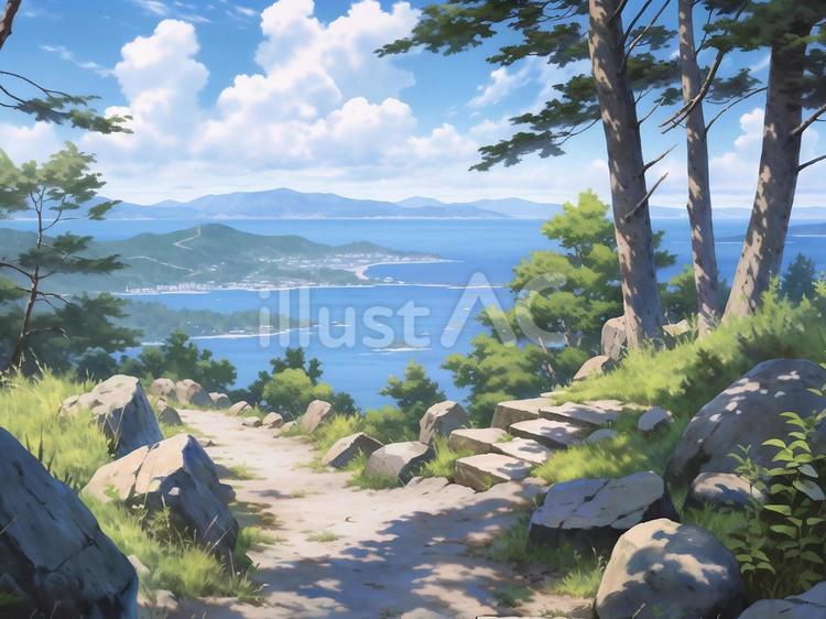 山の高台からの海の眺望 海,昼間,高台のイラスト素材