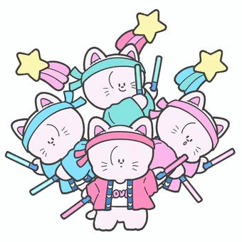 ヲタ芸をする猫たちの手描きイラスト ヲタ芸,推し活,かわいい,猫,応援,オタク,手描き,ペンライト,コンサート,ライブのイラスト素材