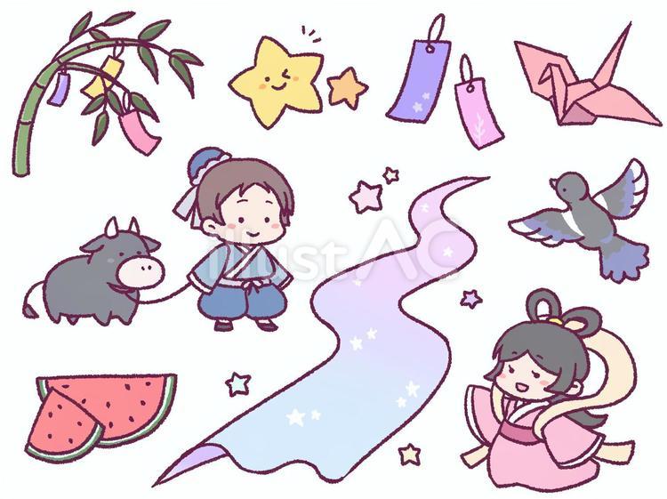 七夕の手描きイラスト素材セット 七夕,7月,織姫のイラスト素材