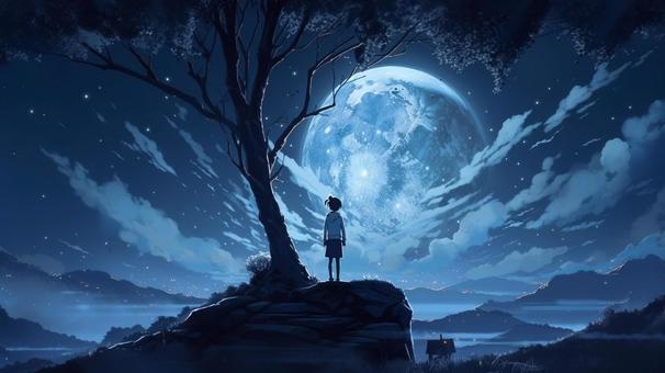 Illustration, ciel nocturne, un enfant, bois, 