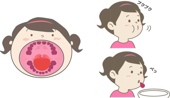 染め出しうがい_乳歯女の子 歯科,歯,染め出し,女の子,乳歯,うがい,赤,プラーク,歯垢のイラスト素材
