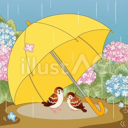 傘で雨宿りをする雀(ピンクブルー紫陽花)