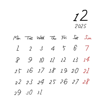 2025.12月カレンダー　祝日赤 カレンダー,2025,12,12月,ひと月,月曜始まり,シンプル,手描き,大晦日,晦日のイラスト素材