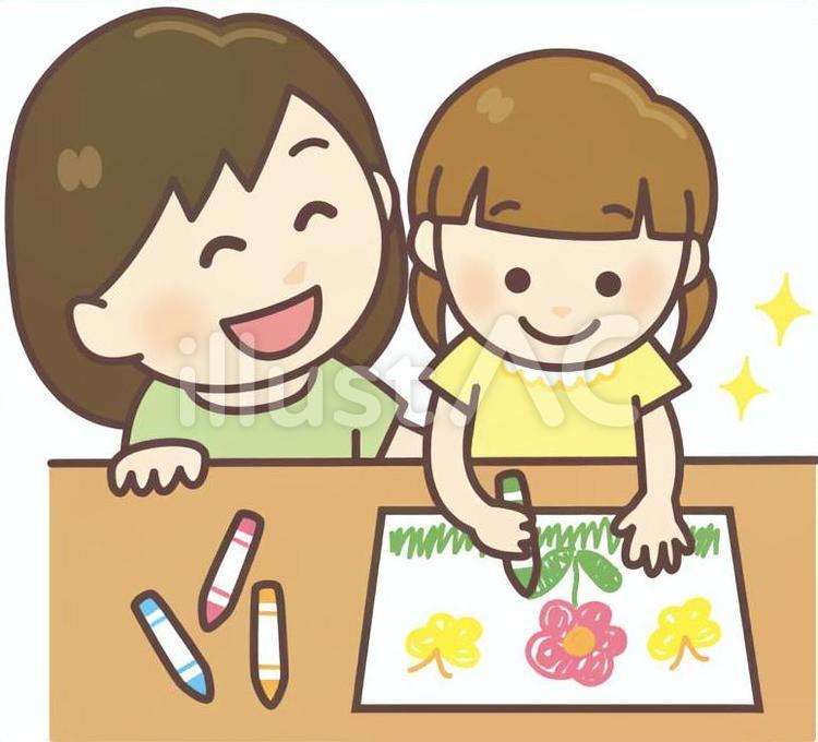 お絵かきする女の子とママ お絵かき,子供,お母さんのイラスト素材