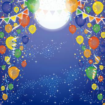 紙吹雪62 紙吹雪,リボン,風船,旗,月,星,夜空,満月,背景,飾りのイラスト素材