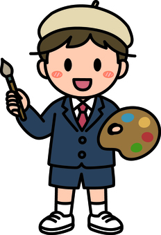 ベージュのベレー帽の美術の男の子です。 ベレー帽,美術,シンプル,画家,描く,お絵描き,教育,アート,絵画,男の子のイラスト素材