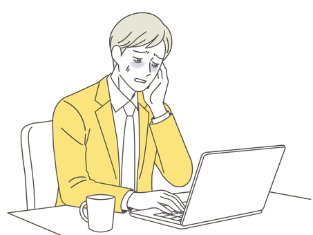 お疲れな男性1 男性,体調不良,仕事中,ノートパソコン,寝不足,残業,疲れ,疲労,サラリーマン,パソコンのイラスト素材