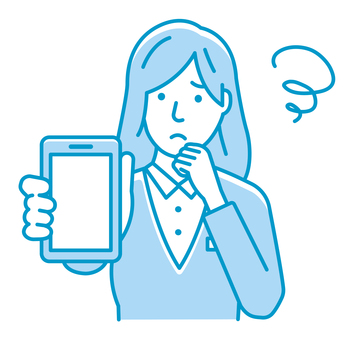 スマホの画面と女性会社員イラスト 女性,人物,ol,女性社員,スマホ,会社員,日本人,悩む,困る,アジア人のイラスト素材