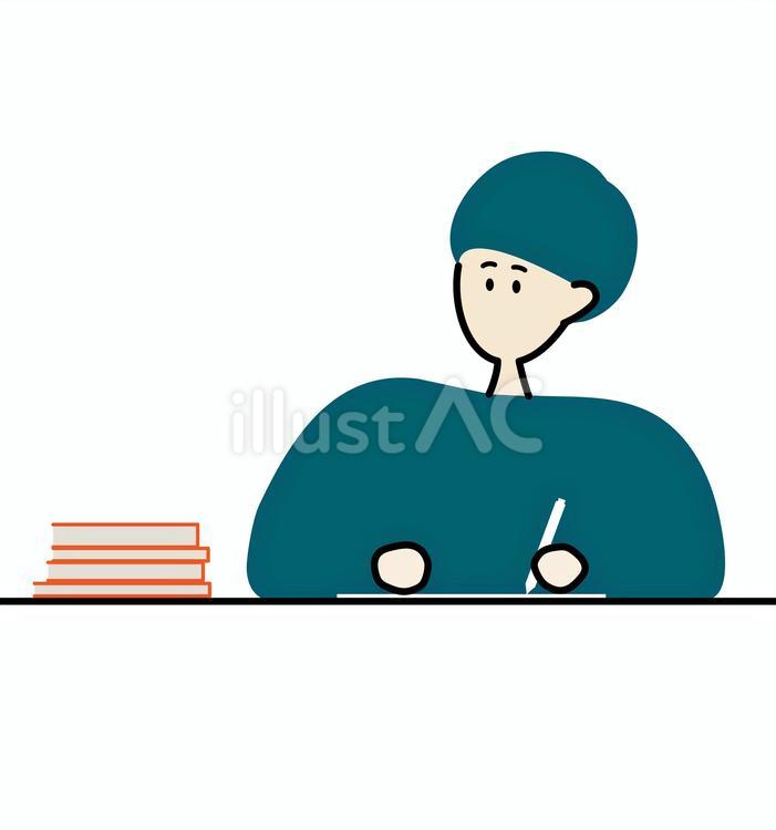 勉強するきのこヘア 勉強,本,ペンのイラスト素材