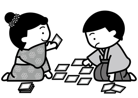 かるた-2c かるた,正月,勝負,遊び,着物,袴,男の子,女の子,笑顔,かわいいのイラスト素材