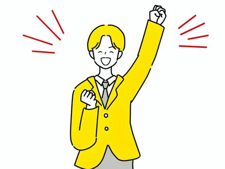 ガッツポーズをする元気な会社員男性　黄 男性,お兄さん,人物,人,ポップ,10代,20代,30代,線画,ゆるいのイラスト素材