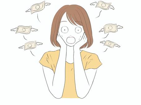出費に焦る女性 お金,飛ぶ,困る,消費,出費,生活費,物価,高い,お札,光熱費のイラスト素材