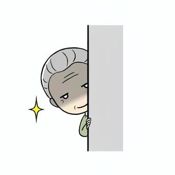 壁の向こうからニヤリと笑うシニア男性 のぞき見,のぞく,チラ見,にやり,笑う,ほくそ笑む,表情,腹黒,目論み,目撃のイラスト素材