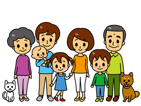 家族 家族,親子,二世帯,赤ちゃん,ペット,祖父母,祖母,祖父,父親,母親のイラスト素材