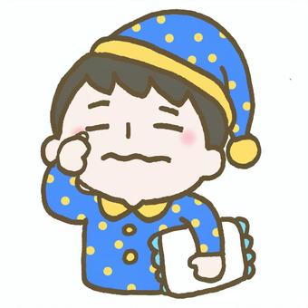 パジャマ姿で眠たそうな子ども こども,子ども,パジャマ,寝間着,眠そう,眠い,眠たい,枕,ナイトキャップ,夜のイラスト素材