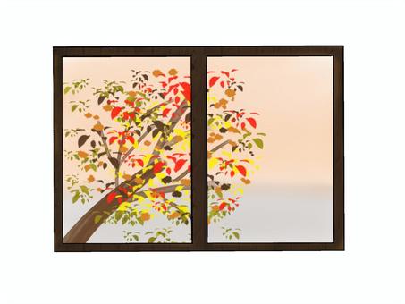 窓から見る秋の風景 秋,紅葉,風景,窓,夕焼けのイラスト素材