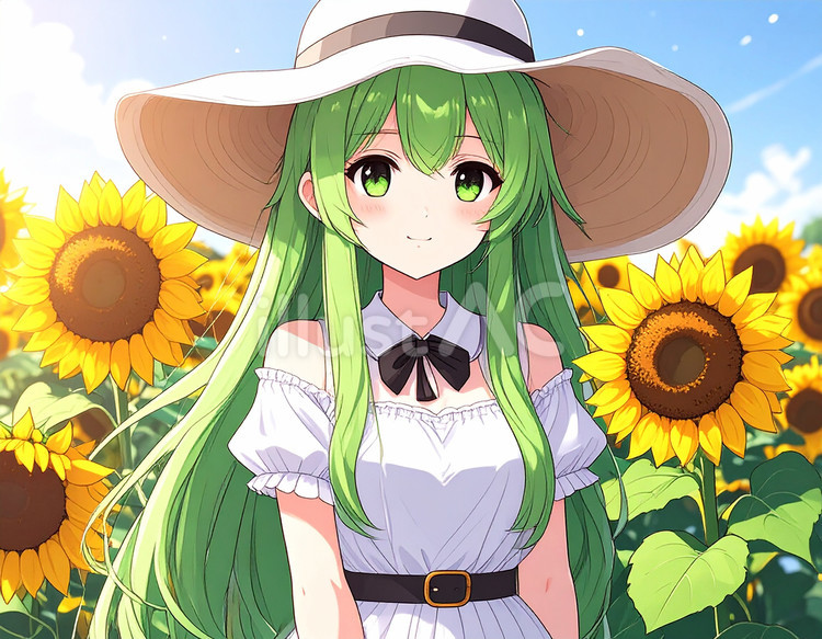 ヒマワリ畑の中で 人物,女性,ヒマワリのイラスト素材