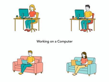 座ってパソコンを操作する人々４人セット パソコン,pc,デスクトップ,ノートパソコン,仕事,事務,在宅勤務,リモートワーク,テレワーク,副業のイラスト素材
