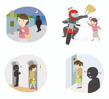 女性を標的にした犯罪行為を行う犯罪者 ストーカー,不審者,変質者,泥棒,女性,ひったくり,痴漢,通り魔,窃盗,犯罪のイラスト素材