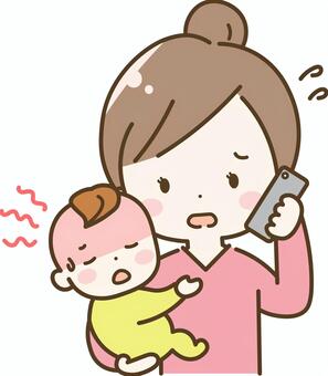 赤ちゃんが発熱して病院に電話をするママ ママ,赤ちゃん,母親,発熱,体調不良,電話,相談,救急,病院,熱のイラスト素材