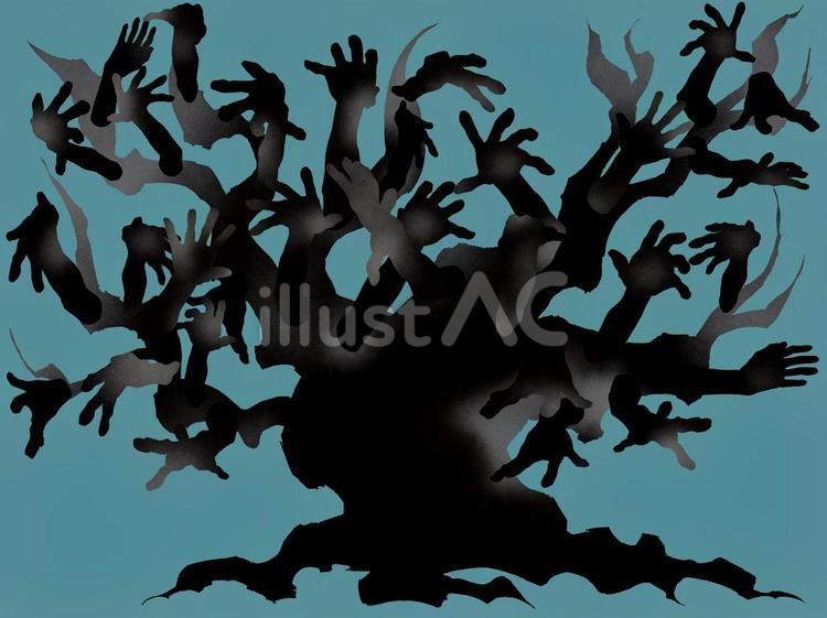 ホラーな手がはえる木　ペタ黒 木,ホラー,手のイラスト素材