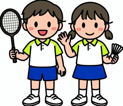 黄緑のバドミントンの子供たちです。 バドミントン,シンプル,スポーツ,体育,クラブ,部活,サークル,運動,跳ぶ,シャトルコックのイラスト素材