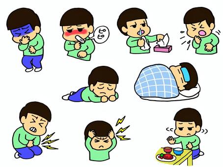 子ども　体調不良 子ども,体調不良,病気,吐き気,発熱,鼻水,咳,だるい,寝込む,腹痛のイラスト素材