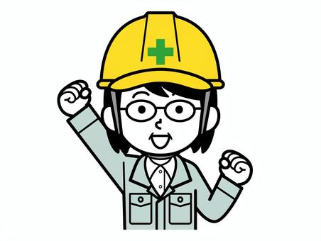元気な現場監督の中年女性 女性,中年,現場監督,シンプル,ヘルメット,作業員,上半身,元気,ガッツポーズのイラスト素材