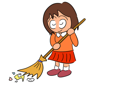 ほうきで掃く女の子のイラスト ほうき,掃く,お手伝い,ごみ,子供,女の子,人物,全身,イラスト,シンプルのイラスト素材