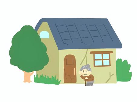 ぼろぼろの家とお婆さん ボロボロ,空き家,家,古屋,古い,おばあさん,老人,シニア,困った顔,悩むのイラスト素材