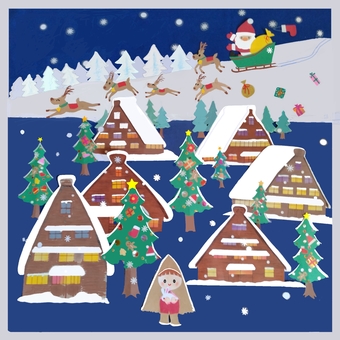 日本のクリスマス 冬,クリスマス,サンタクロース,トナカイ,クリスマスツリー,女の子,合掌造りのイラスト素材
