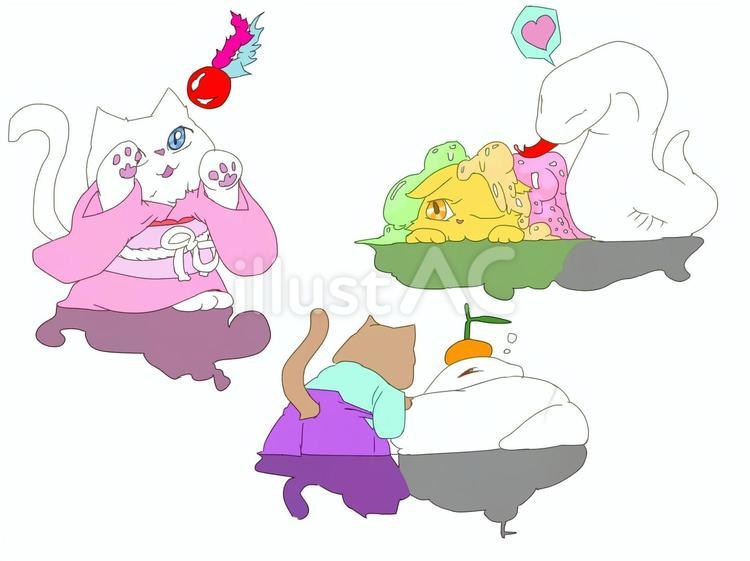 猫ちゃんと蛇ちゃんと賀正モノ！ 動物,猫,蛇のイラスト素材